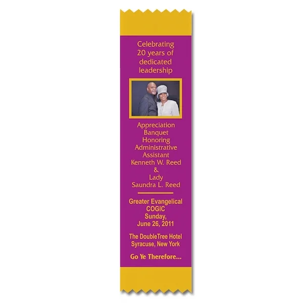 2" x 8" Custom Vertical Ribbon Badge, Full-Color Imprint Questions & Answers